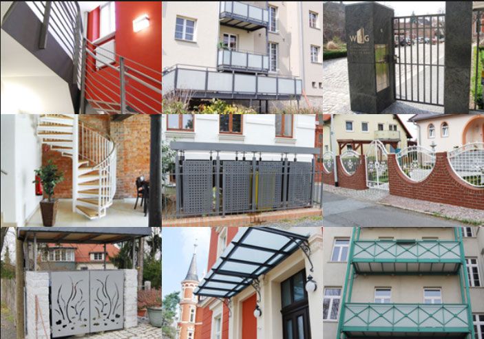 Collage unserer Arbeiten: Treppen, Balkone, Tore, Zäune und Vordächer – zu den Referenzen